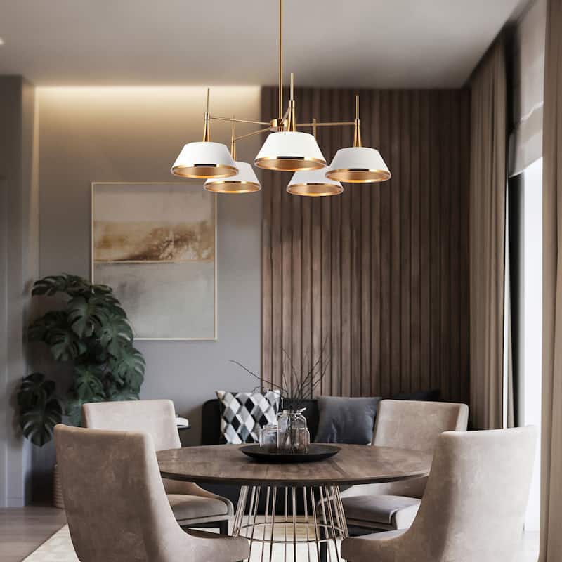 Mid-Century Modern 5-Light Wheel Chandelier Gold White Lights for Dining Room
