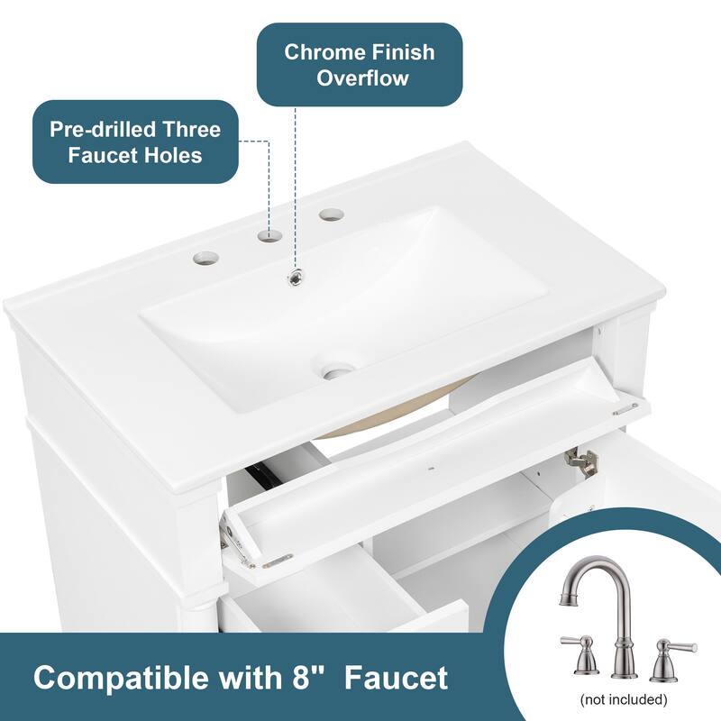 30" Freestanding Bathroom Vanity with Ceramic Sink, Solid Rubberwood Frame, Flip Drawer & Adjustable Shelf