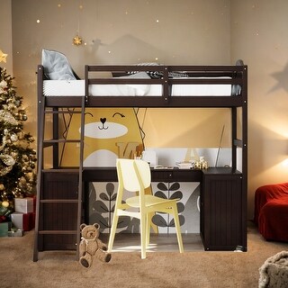 Modern Twin Size Loft Bed With Drawers,Cabinet,Shelves and Desk,Sturdy Construction