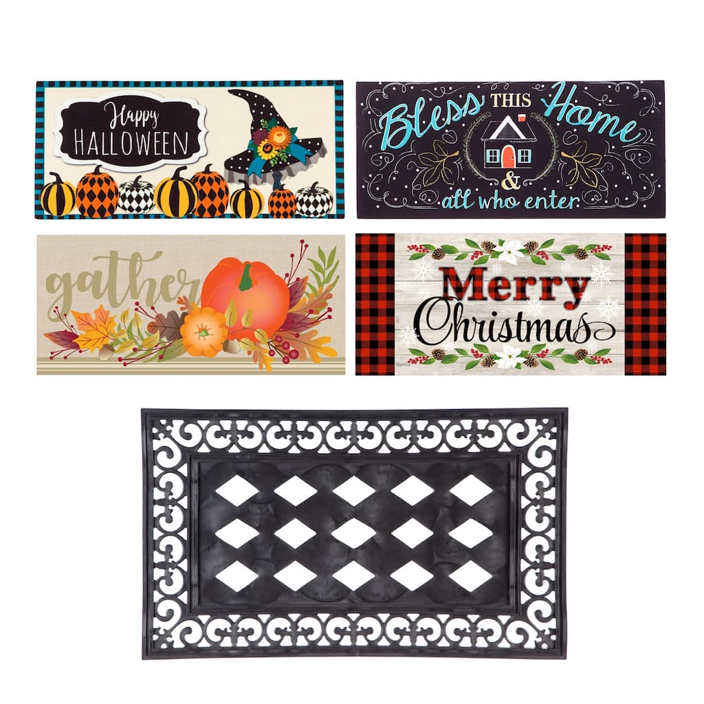 Sassafras Fall Holiday Set of 5 Door Mats with Rubber Display Frame, Collection #3 - Multi-Color