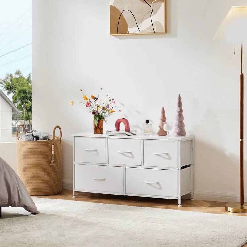 Dresser for Bedroom with 5 Fabric Drawers, Tall Chest Organizer Units for Clothing, Closet, Kidsroom, Storage Tower with Cabinet