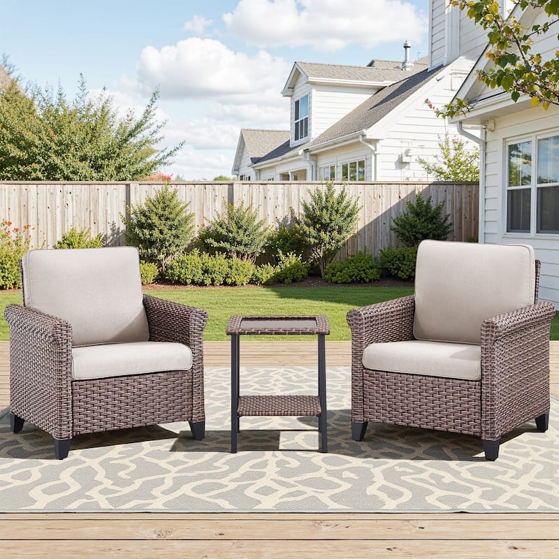 Pocassy Outdoor Sofa Swivel Chairs Patio Chair Funiture Set - 3PCS Patio Chair w/ Table - Brown Wicker Blue Cushion