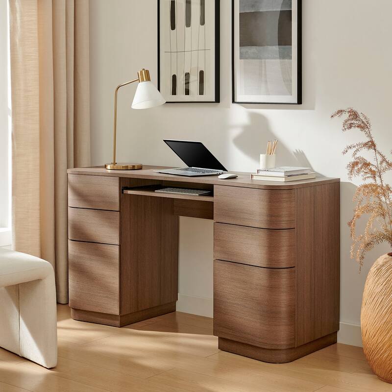 Mirae 55" 6-Drawer Curved Office Desk - Brushed Brown Oak