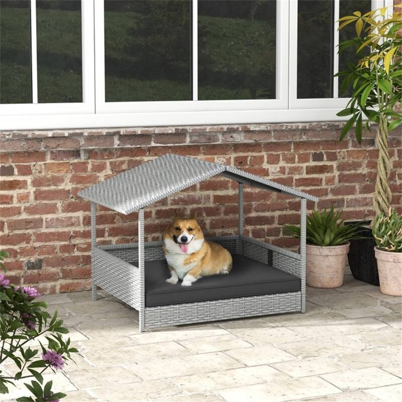 PE Rattan Steel Dog Playpen with Cushion and Anti-Slip - 38.6" L x 27.2" W x 28.7" H