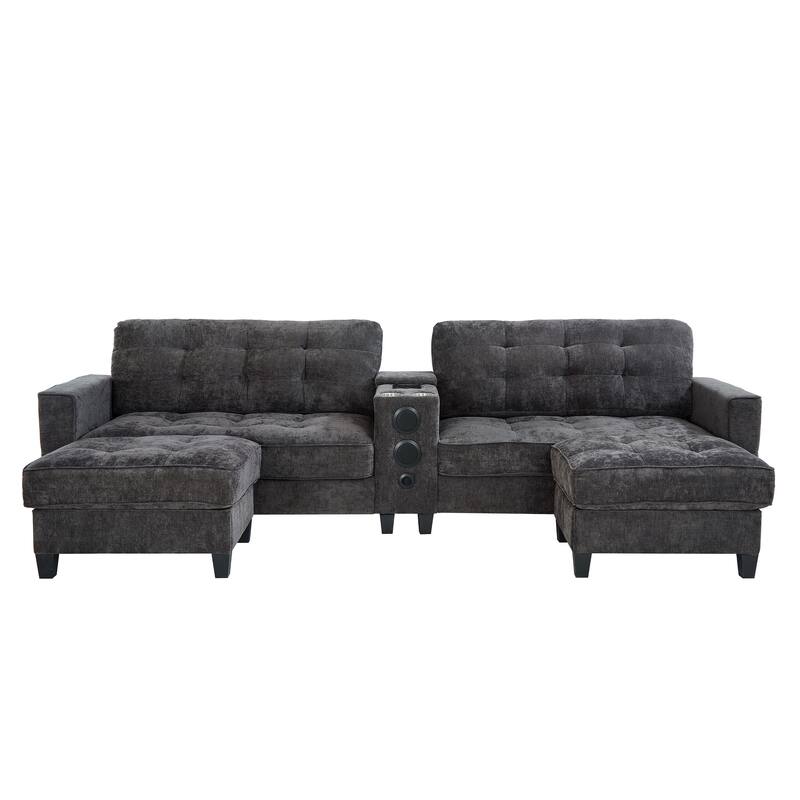 Roomfitters 126 Inch U-Shaped Modular Sectional Sofa with Storage Ottomans and Bluetooth Console