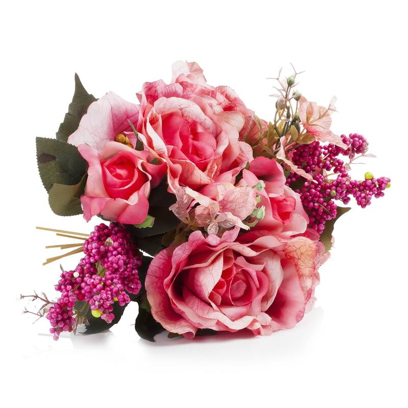 Enova Home Mixed Artificial Silk Roses Fake Flowers Arrangement in Glass Vase with Faux Water and River Stone for Home Decor