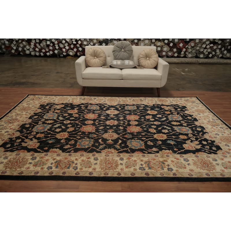 Hand Knotted Oriental 100% Wool Carpet Traditional All-Over Black Peshawar Area Rug - 10' 4'' X 7' 0''