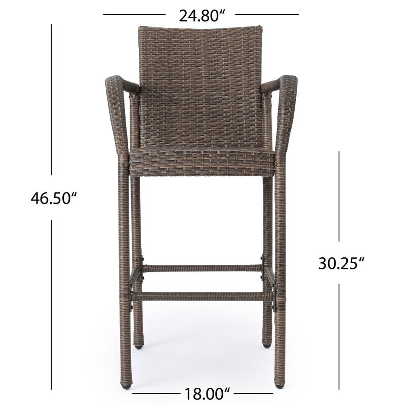 Outdoor Patio Wicker Barstool, High Back Bar Chair with Arm and Footstool High Chair, Entertainment Barstool Set (Set of 2)