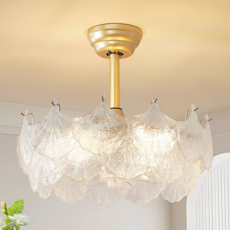 20" Modern Glass Chandelier with Shell Ceiling Fan with Remote Control, Caged with 6 Speeds for Bedroom, Nursery, Living Room - 4-Light - Gold