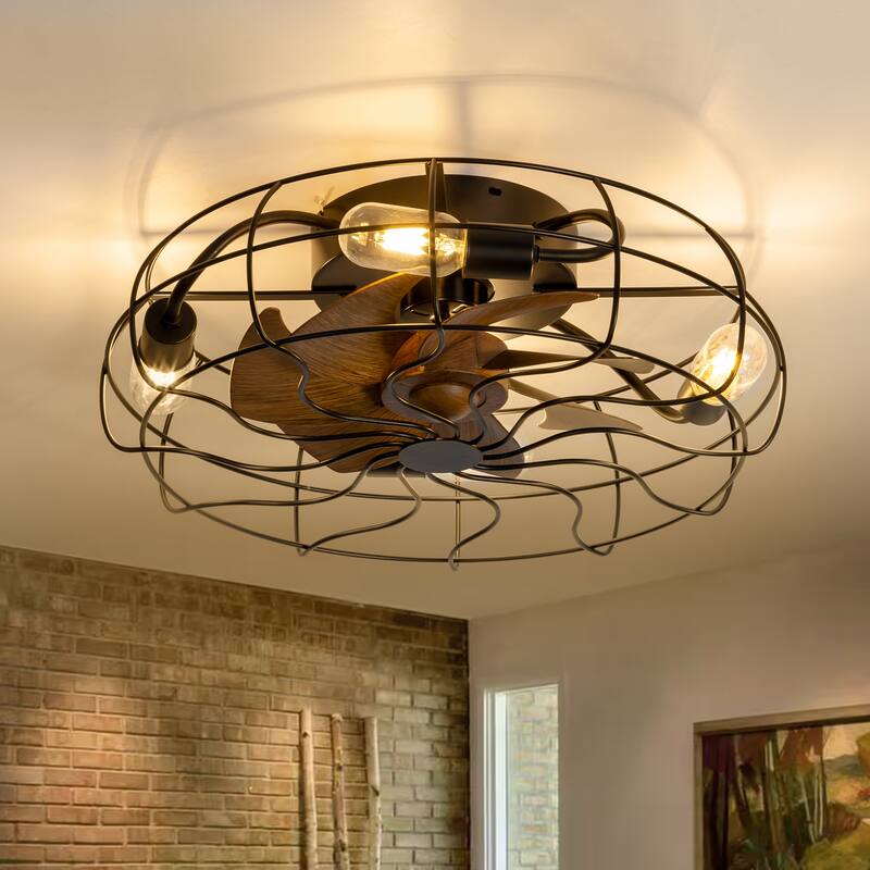 19"/23.6" Farmhouse Industrial Enclosed Caged Ceiling Fan with Light & Remote