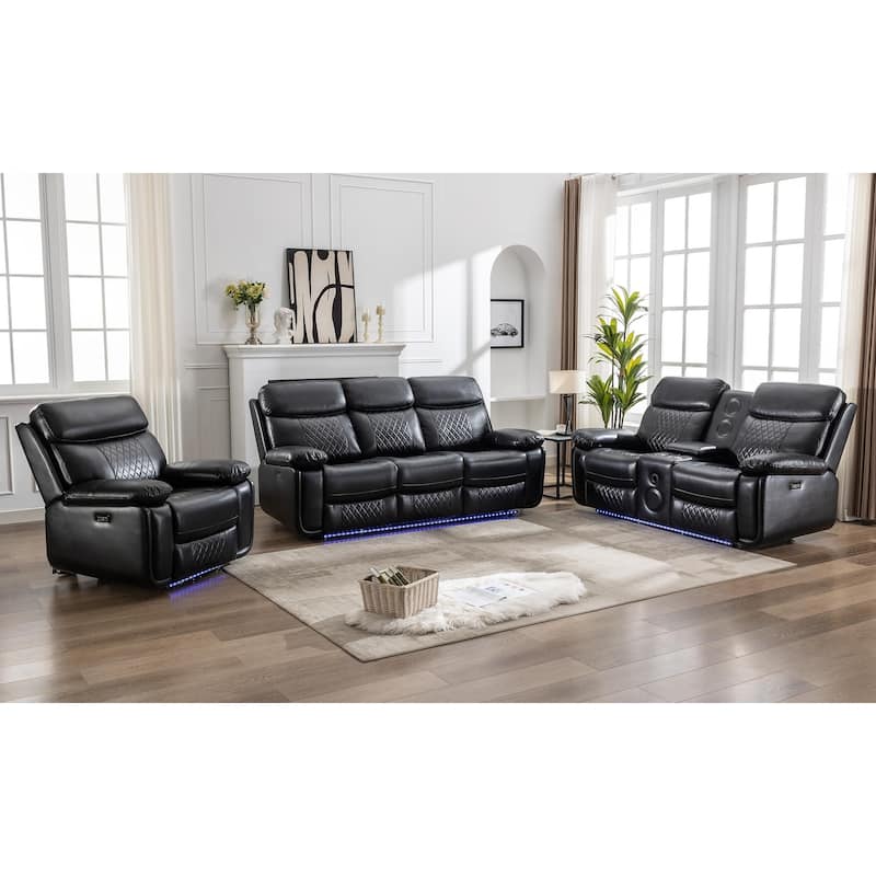 Power Reclining Sofa with Wireless Charger,Reading Light,LED Light for Living Room,Faux Leather,AC/USB Port,Cup Holder,Black - Black-3+2+1-Seat