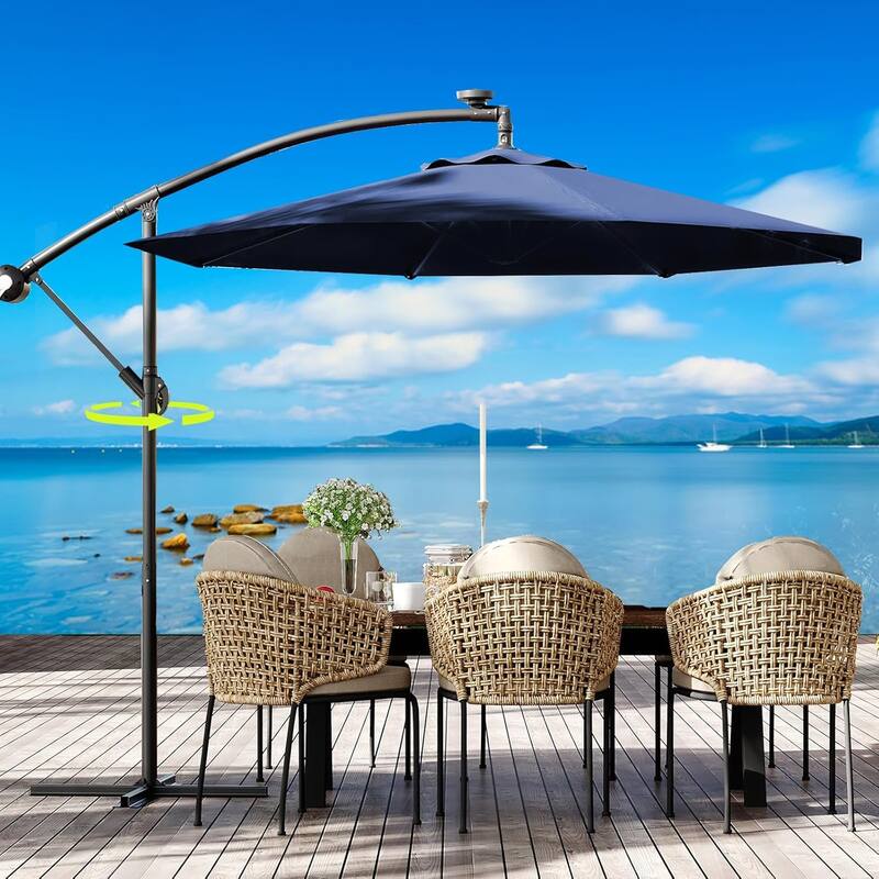 10FT Offset Umbrella with Cross Base, Fade Resistant Canopy Large Patio Umbrella with 360-degree - Navy Blue