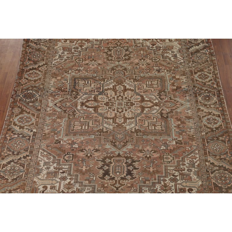 Geometric Heriz Vintage Persian Area Rug Hand-Knotted Wool Carpet - 8'0" x 10'9"
