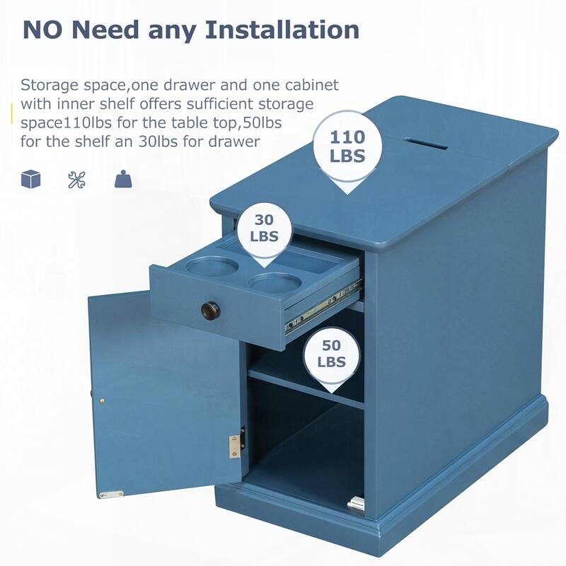 End Table Side Table with USB Ports and One Multifunctional Drawer with cup holders