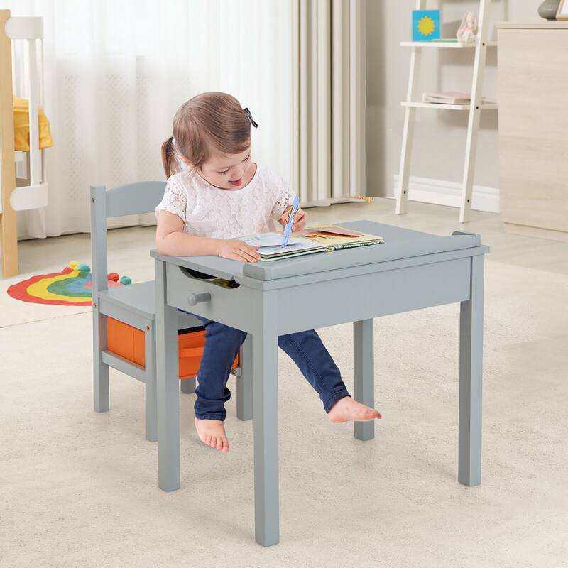 Gymax Kids Table and Chair Set Wood Activity Study Desk w/ Storage