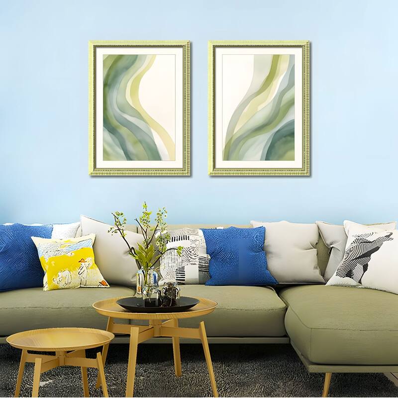 Set of 3 Abstract Green Framed Wall Art - Replaceable Canvas Prints with Solid Wood Picture Frames, Modern Wall Decor
