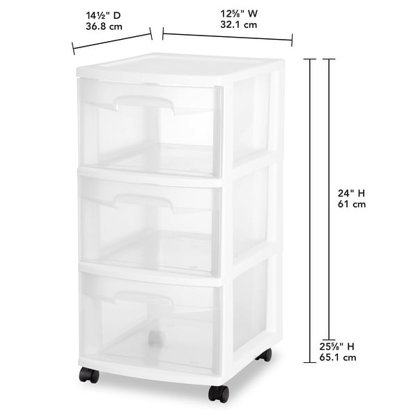 STERILITE 3 Drawer Rolling Carts, Clear - Case of 2