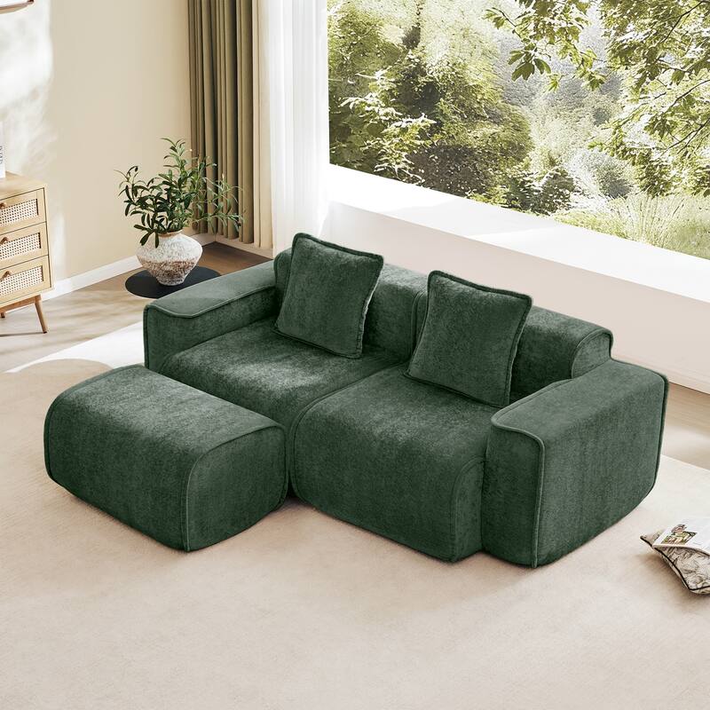 GDFStudio - Streamlined Velvet 2-Seater 78.74" Modular L-Shaped Sofa with Ottoman - Green