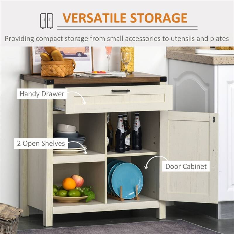 Rustic Distressed White Storage Cabinet with Barn Door and Drawer Open Shelves for Kitchen - 30"W x 15.25"D x 32.75"H