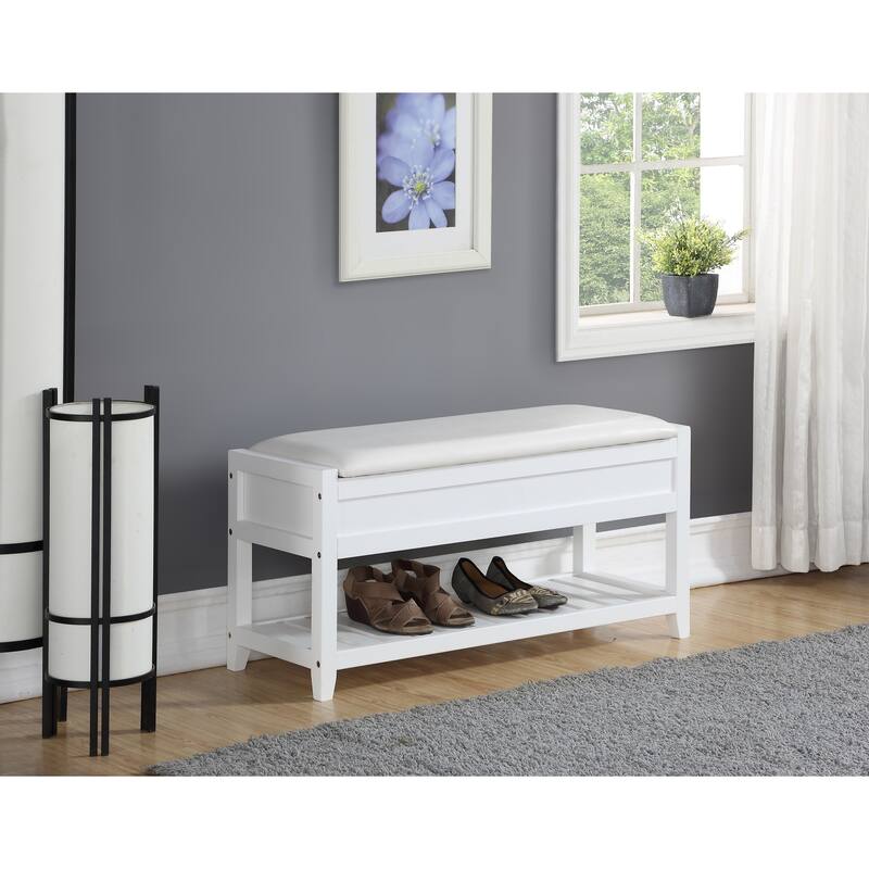 Anmytek Entryway Storage Bench with Flip Top Shoe Organizer Mudroom Seat Cushion - 35.43 in. W X 13.19 in. D X 18.11 in. H - White