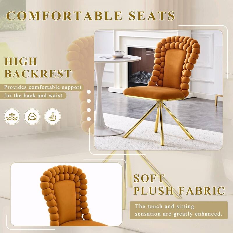 Set of 2 Puffy Bubble Velvet Dining Chairs with Ball Chain Detail & Gold Legs