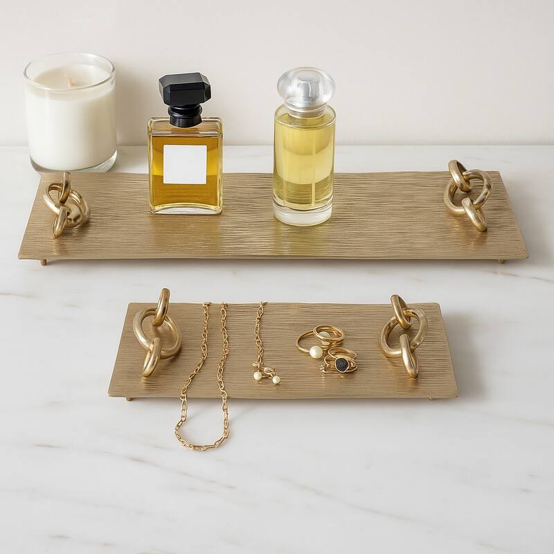 Decorative Metal Tray with Link Handles - Set of 2 - 21", 14", Gold
