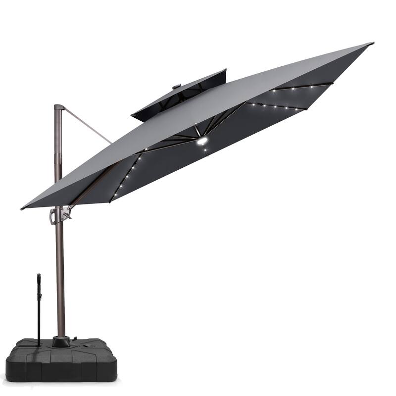 VredHom 11 FT Square Outdoor Patio Cantilever Umbrella Solar LED Lighted with Rod Base - DarkGrey