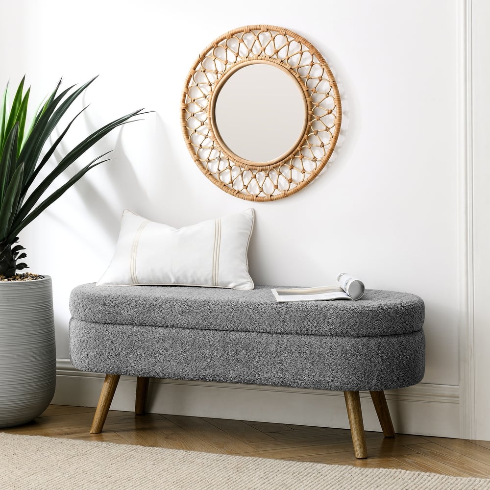 Oval Storage Ottoman Bench, Decorative End of Bed Bench 43.5 Inches Upholstered Storage Ottoman with Solid Wood Legs