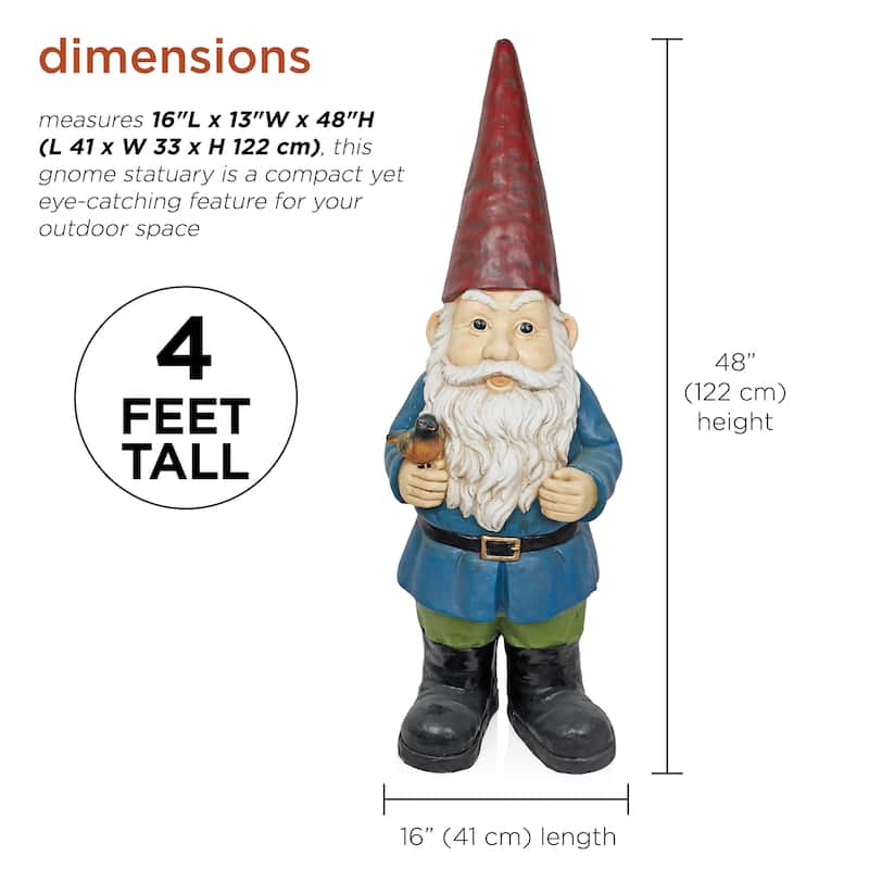 Alpine Corporation ZKD100 Jumbo Size Gnome with Bird Decor, Whimsical Gnome Statue for Patio & Garden, 48"H, Multicolor