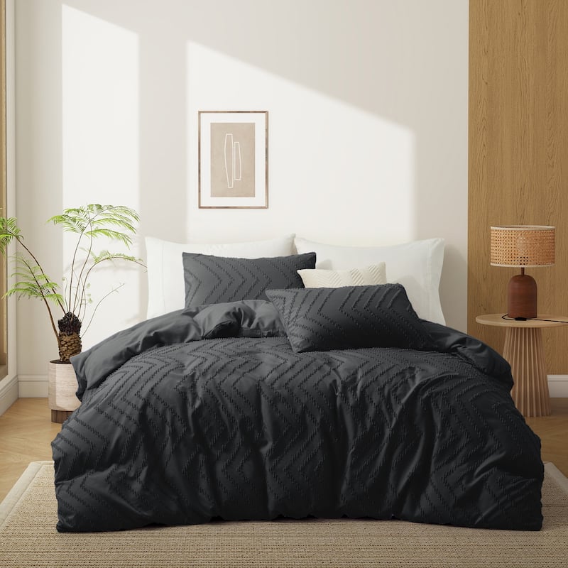 3 Piece Tufted Clipped Jacquard Geometric Oversized Duvet Cover Set - Full - Queen - Wave/Black
