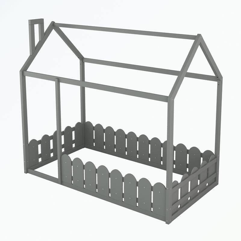 Twin Size Wood Bed House Bed Frame with Fence