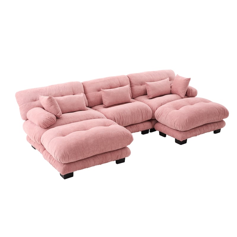 Pelletized Velvet U-shaped Sectional Sofa Modular Chaise Lounge Couch with 2 Ottomans, Deep Seat, Bolster Arms and Pillows