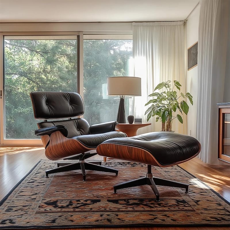 Mid-century Full Grain Leather Accent Chaise Lounge Chair and Ottoman - Rosewood&Black