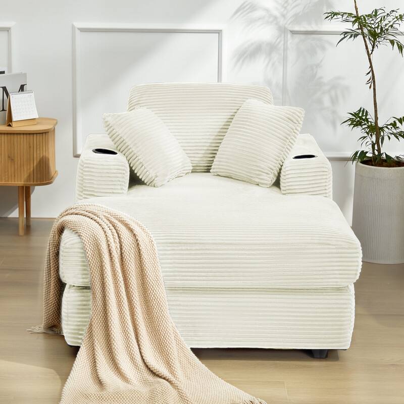 Chaise-Style Corduroy Sofa with Cup Holders and 3 Back Cushions - Reclining Lounge Design