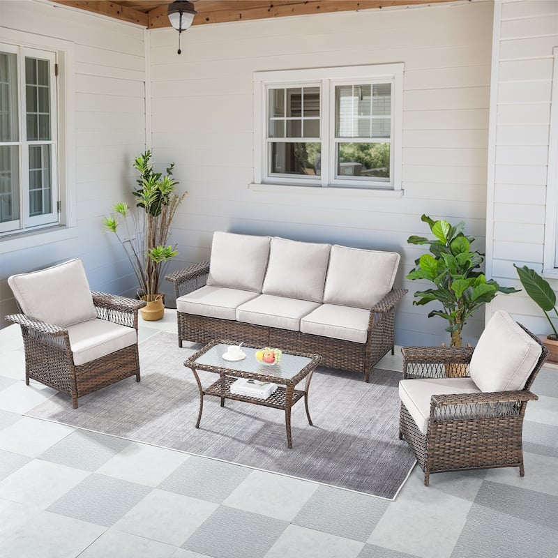 Gymojoy Rattan Chair with Patio Sofa Coffee Table Set - Brown - Brown - Beige