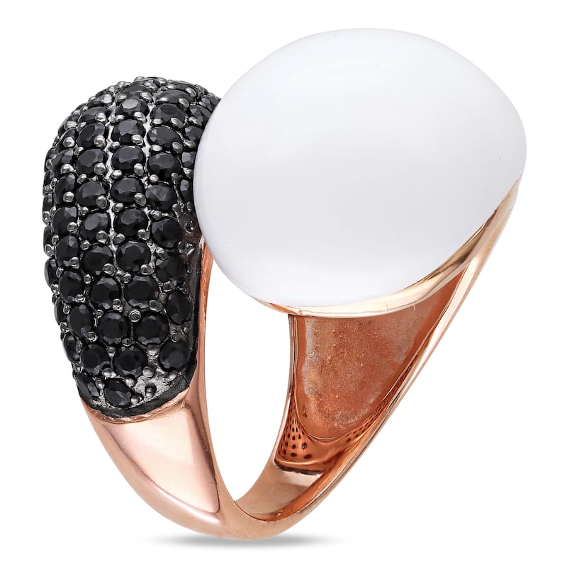 Miadora Synthetic White Agate and Black Cubic Zirconia Crossover Ring in Rose Silver