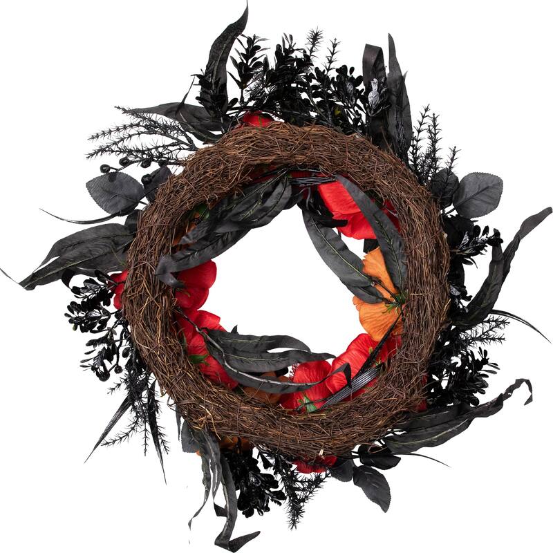 Roses with Mixed Foliage Halloween Wreath - 22" - Red and Gold - Unlit