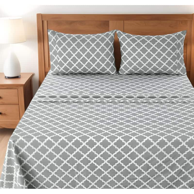Four Piece Gray and White Quatrefoil Microfiber Queen Sheet Set - Gray and White - Queen