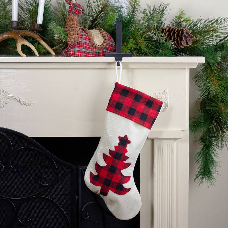 20" Cream White Red and Black Buffalo Plaid Tree Christmas Stocking