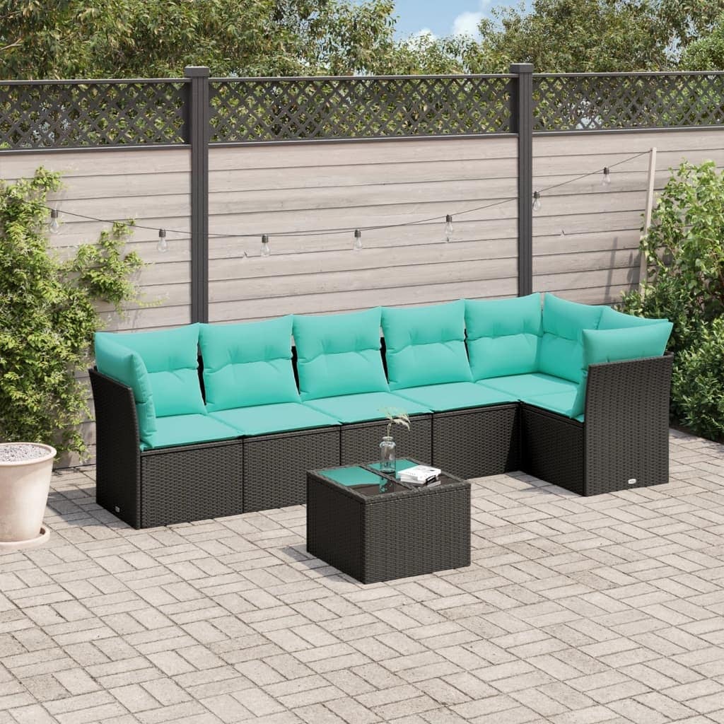 vidaXL 7 Piece Patio Sofa Set with Cushions Black Poly Rattan - 92.2x27.2x46.1