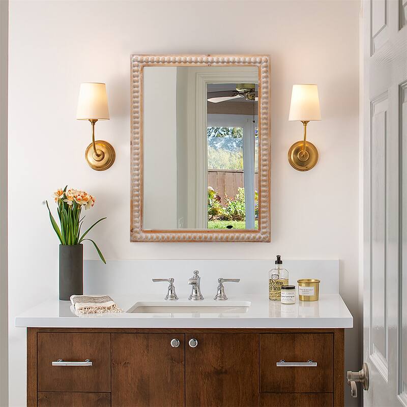 Wooden Frame Farmhouse Wall Mirror Rectangle Mirror for Vanity w/ Beadin