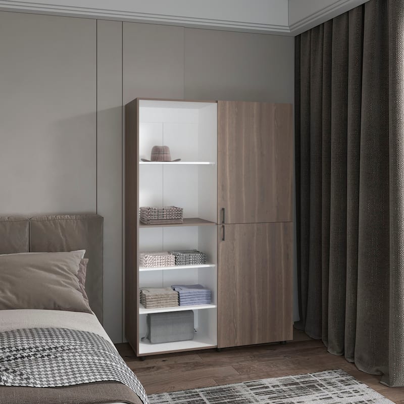 High Two Door Freestanding Armoire With Hanging Rod And Interior Shelves,Compact Bedroom Wardrobe - Multicolor