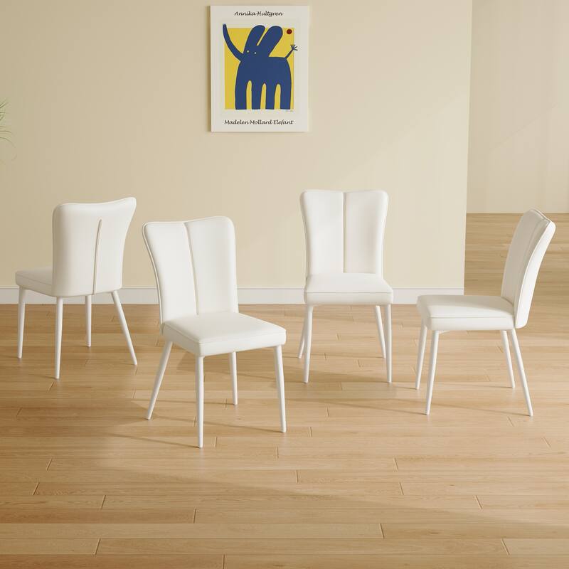Modern 4 Piece PU Dining Chair Set with Curved Backrest, Cushioned, Metal Legs for Dining Room Kitchen Bedroom Living Room - White