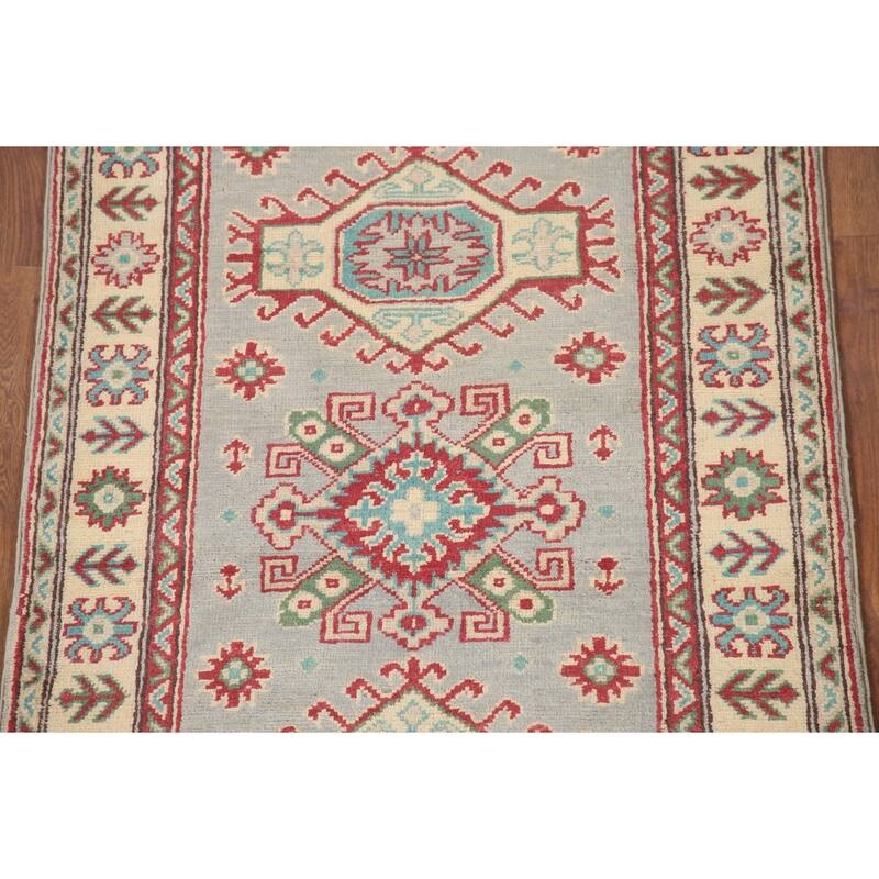 Hand Knotted Oriental 100% Wool Carpet Traditional Geometric Greys & Charcoal Kazak Area Rug - 6' 0'' X 2' 9''