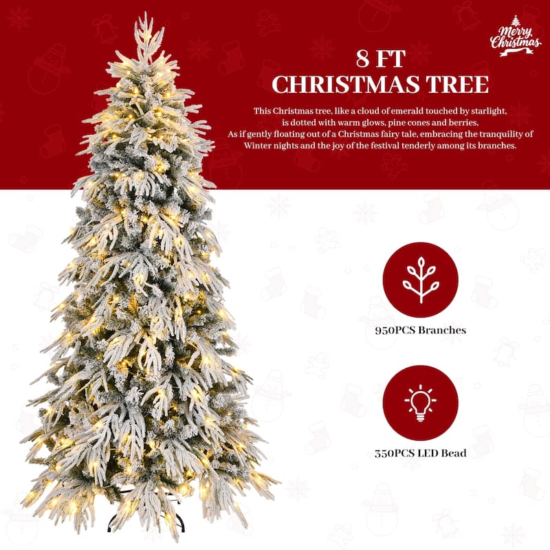 7ft/8ft Slim Flocked Pre-Lit Christmas Tree with 767/950 Tips and 250/350 Warm LED Lights, Metal Stand