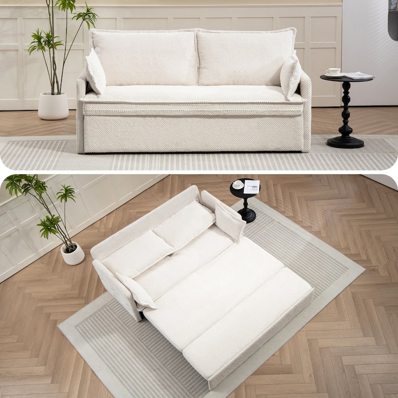 59.5" Ergonomic Sofa Bed with Storage & Charging - Supportive Chenille Convertible Sleeper, 800lb Capacity, Side Pockets - White