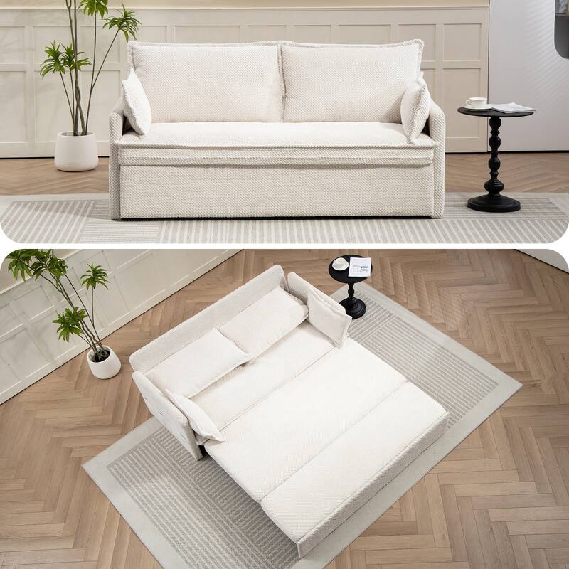 59.5" Upholstered Sofa Bed, Convertible Sleeper Sofa, Pull out Couch with Charging Station & Side Pockets, Loveseat Chair - White-Corduroy
