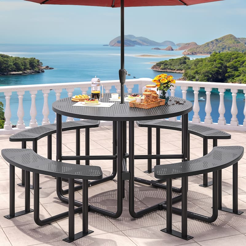Black Outdoor Round Picnic Table Dining Set - 46" - Black
