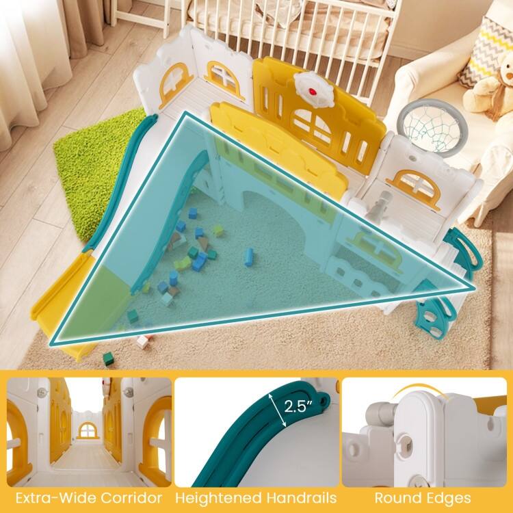 Yellow-Green-White HDPE Kids Slide Set with Climber, Tunnel and Hoop - 69.5" x 70" x 40.5" (L x W x H)