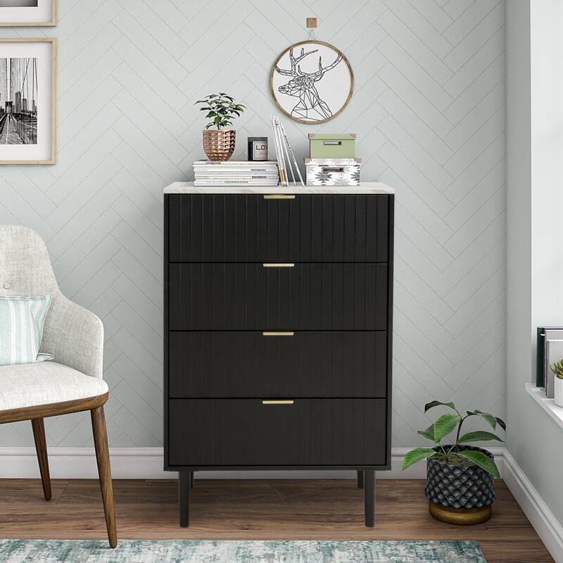 4 Drawers Dresser & 2 Nightstands Set Imitation Marble Top Gold Handles